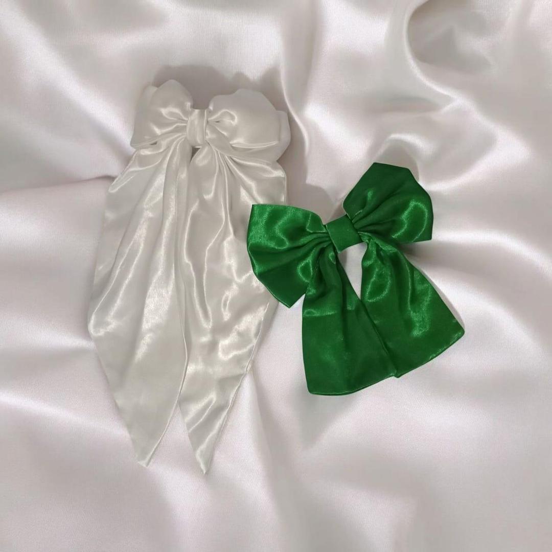 Green and white silk hair clip - pack of 2